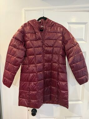 Women's Long Hooded Puffer Coat in Burgundy